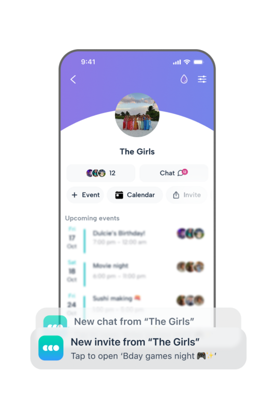 Howbout group page showing a shared calendar of friends' upcoming plans, a scrollable list of group events, and integrated chat access for seamless coordination.